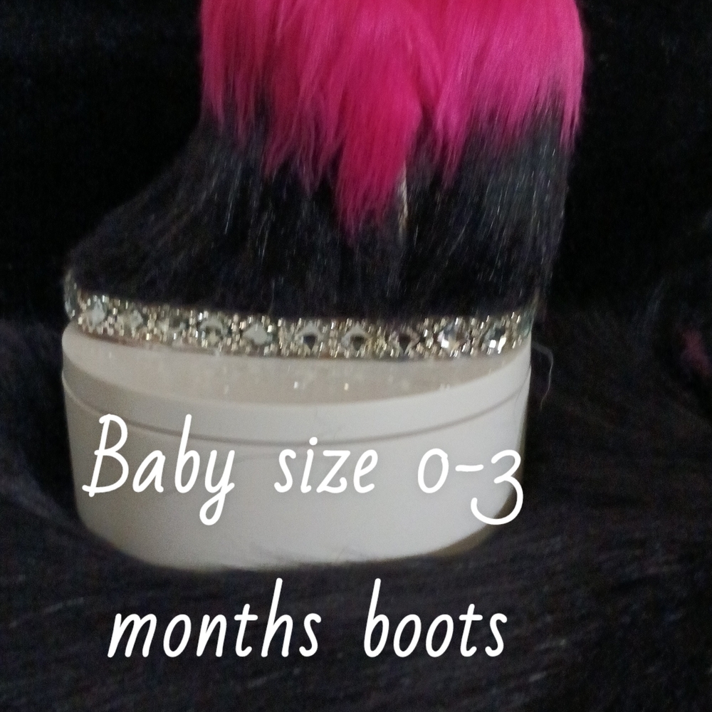 Fuzzy Pink and Black Baby Boots with Rhinestones